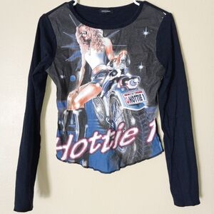 EYESHADOW Striking Black and Blue Graphic Long Sleeve Tee Women's L